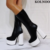 kolnoo handmade womens chunky heel mid calf boots two tones sexy platform party prom winter booties evening fashion black shoes