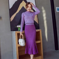 fashion knitted two piece skirt autumn winter new fashion womens sweater temperament long sleeve half length dress