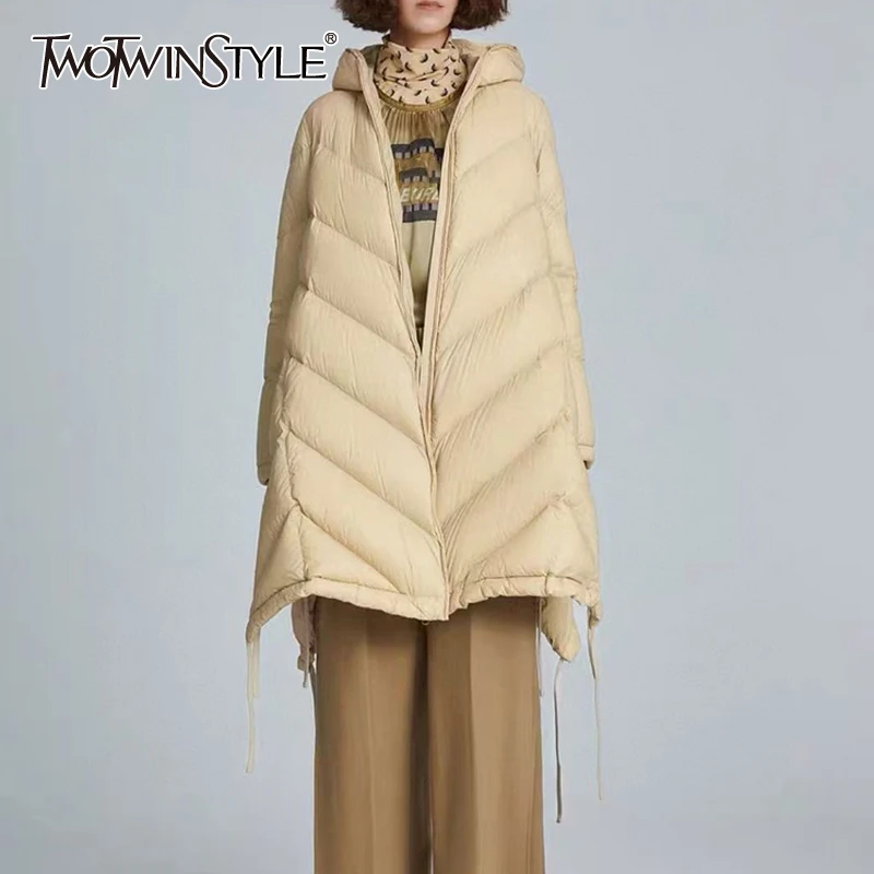 

TWOTWINSTYLE A Font Women's Winter Jacket With Hat Long Sleeve High Waist Loose Solid Color For Female Down Coats Fashion Winter