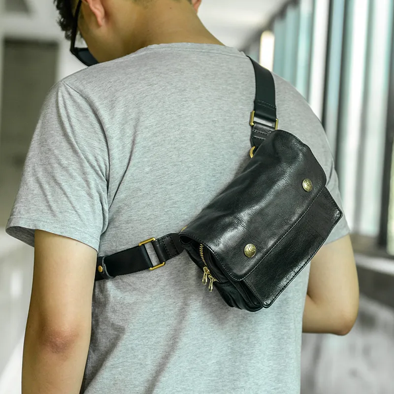 PNDME casual designer natural real leather men multifunctional small chest bag fashion outdoor daily youth sports crossbody bag