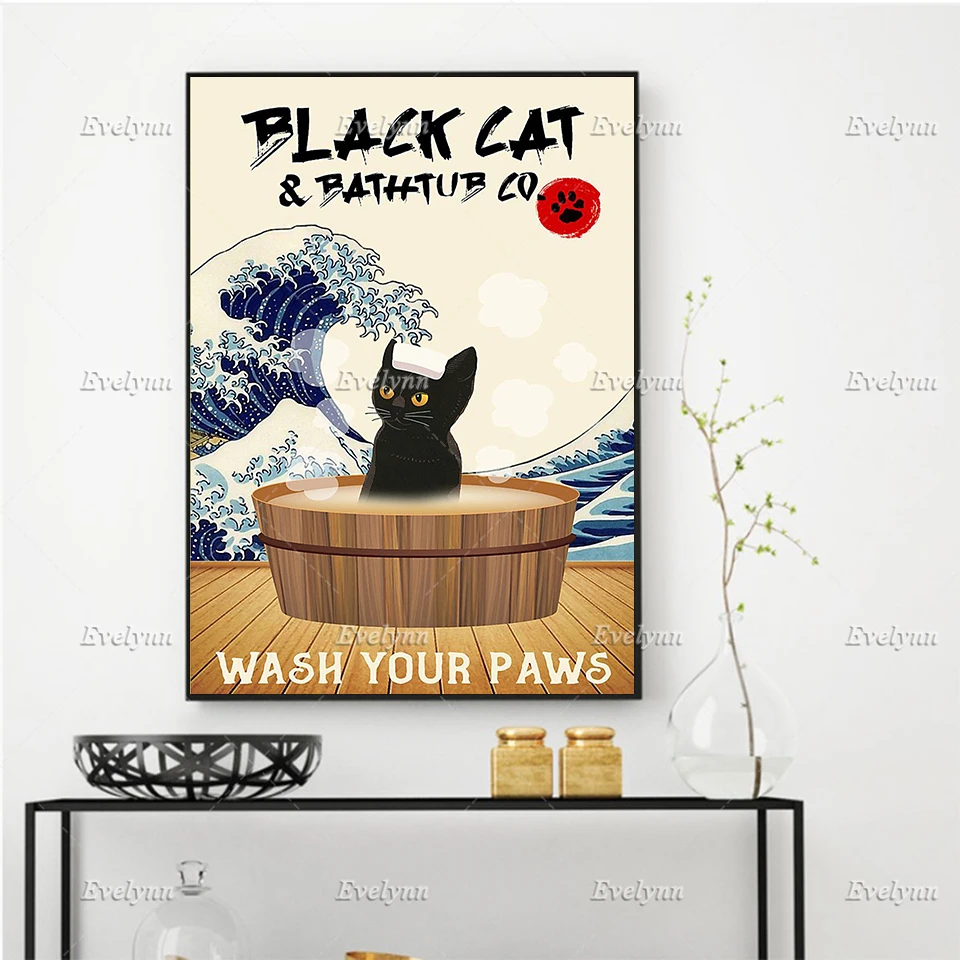 

Black Cat And Bathtub Co Wash Your Paws Poster,Funny Cat Art,Bathroom Decor, Home Decor Canvas Wall Art Prints Cat Lovers Gift,