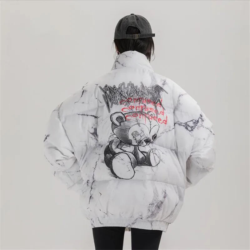 Hot Sale Hip Hop Jacket Parka Hurt Bear Print Men Winter Windbreaker Streetwear Harajuku Padded Jacket Coat Warm Outwear Hipster