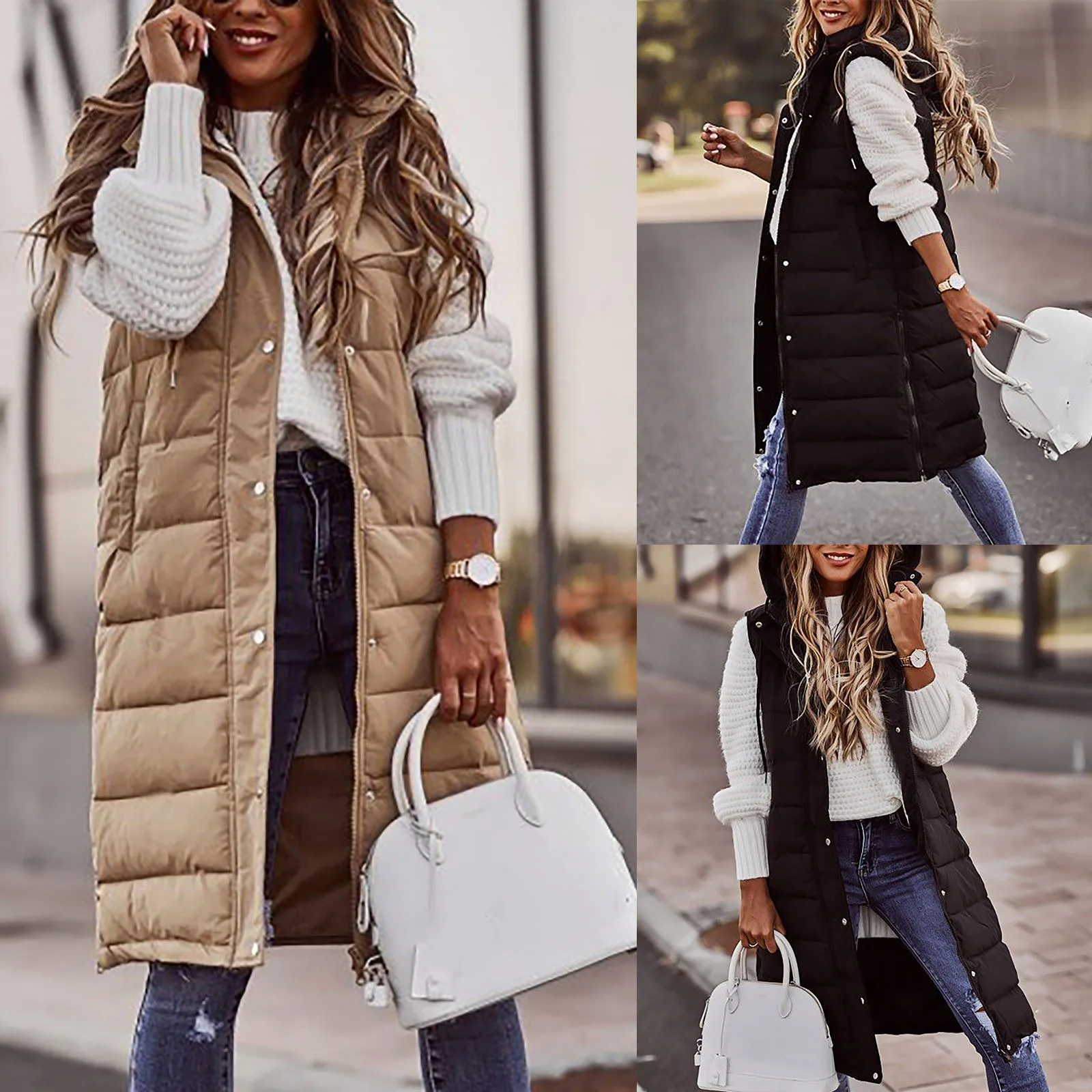 

Женская теплая однобортная хлопковая безрукавка средней длины с капюшоном