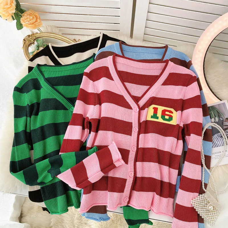 

Женский трикотажный кардиган в полоску, с длинным рукавом