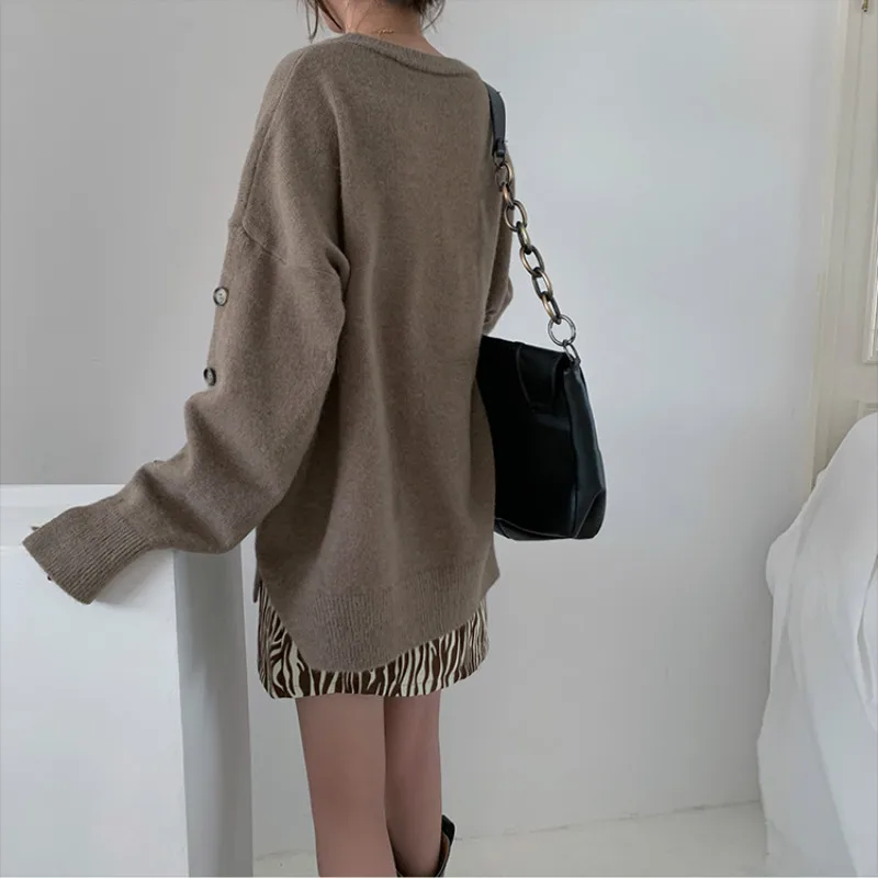 

Tonglord Women's Sweaters 2020 Autumn Winter New Acetate Loose O-Neck Long Sleeve Button Solid Loose Knitting Tops Office Lady