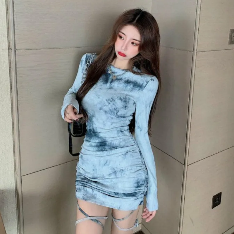 

QWEEK Tie Dye Printing Dress Women Ribbed Ruched Sheath Sexy Bandage Bodycon Dress 2021 Casual Long Sleeve Mini Dress Drawstring