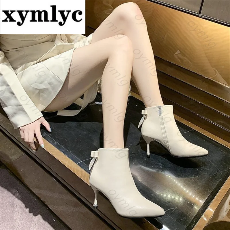 

2021new autumn Korean fashion boots female pointed toe stiletto solid color side zipper high-top fashion short boots shoes women
