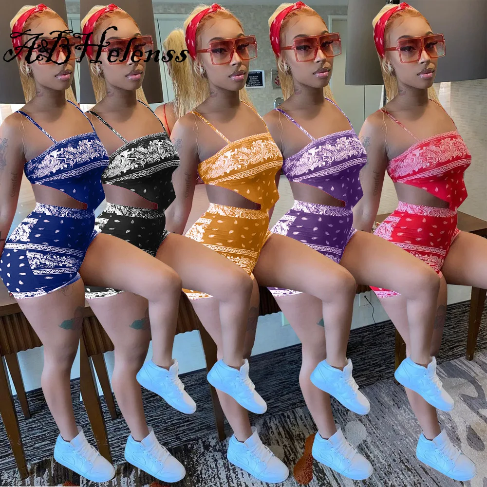 

A&BHelenss Fashion Casaul Womne Print Strapless Crop Tank Top + Short Pants Sportsuit Summer Clothes Matching Set