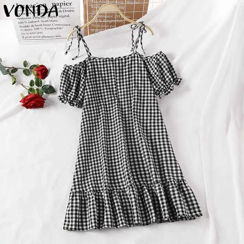 

Mini Dress VONDA Women Vintage Plaid Holiday Party Ruffled Dresses Bohemian Vestidos Loose Short Sleeve Off Shoulder Robe 5XL