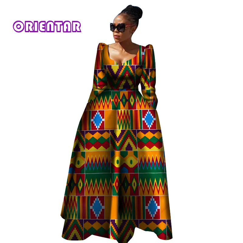 Женская африканская одежда Bazin Riche Robe Africaine, Африканское платье, Осеннее женское длинное платье больших размеров из чистого хлопка WY2849 - Цвет: 7