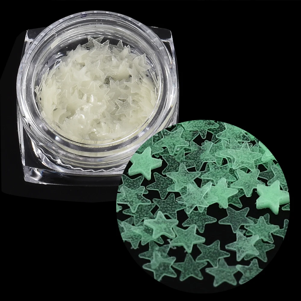 1 коробка Светящийся лак для ногтей, Стикеры Наклейка Искусство блестки сердце на голову, с блестками и звездами, для хлопья порошок, светится в темноте