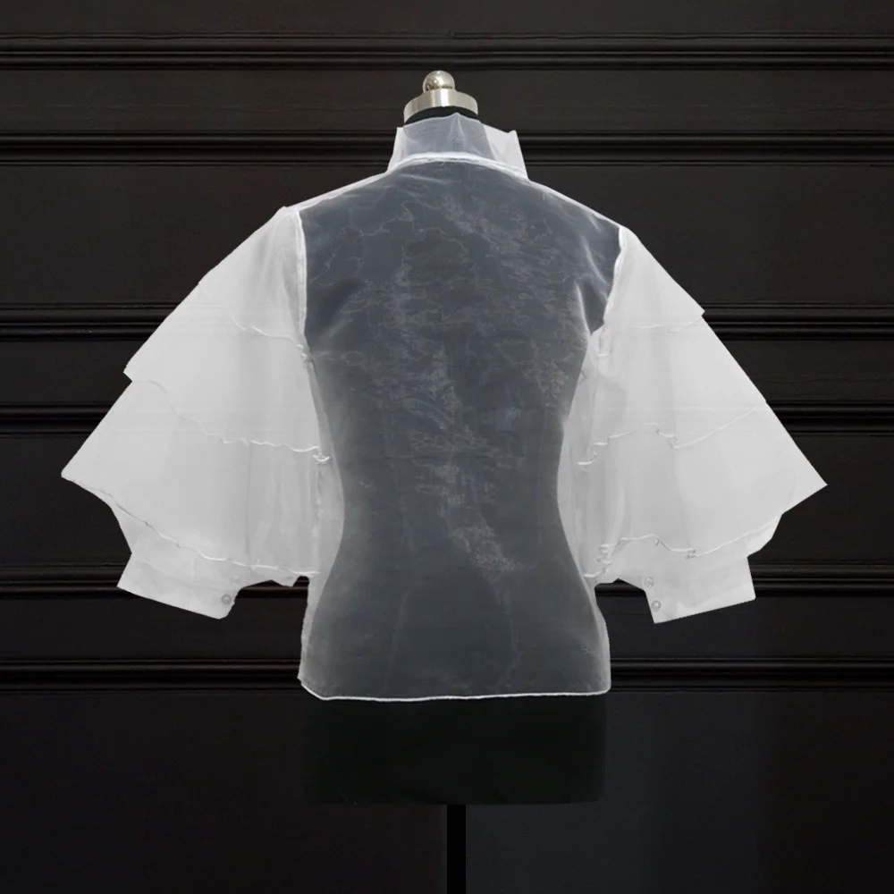 

White Organza Elegant Petal Sleeve Blouse Women Sexy Transparent Mesh Summer Short Tops Women Shirts Bow Bluas Female New Tunic