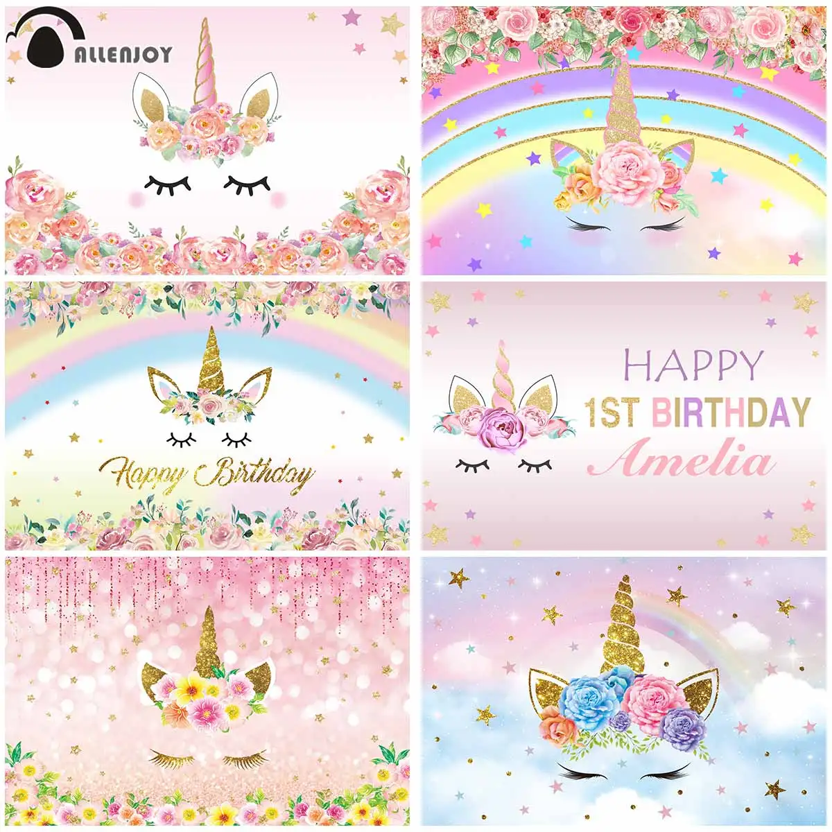 

Allenjoy Единорог фотосессия Цветы Листья Блеск Золотая звезда боке акварель детские обои для душа занавески для детского дня рождения