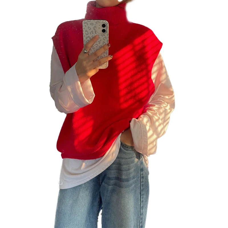 

Turtleneck Chic Solid All-match Vests for Ladies Simple Termperament Sleeveless Knitted Vest 2020 Winter Fashion Pullovers