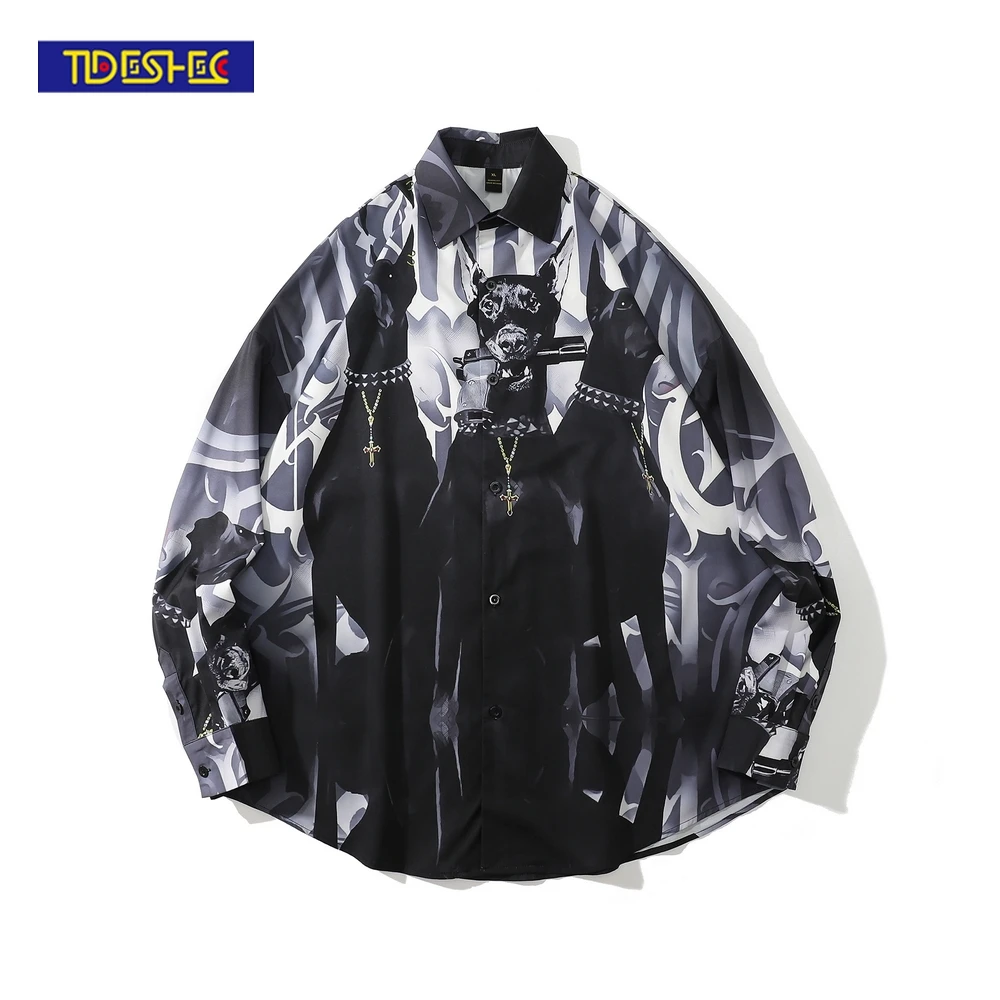 

Рубашка мужская оверсайз с графическим принтом, уличная одежда в стиле хип-хоп, гавайская кофта в стиле Харадзюку, Топ с длинным рукавом, сво...