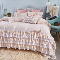 korean princess lace embroidery skirt style solid color pure cotton bedding set cake layers ruffles pillow sham duvet cover set