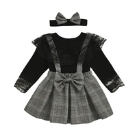 2021 children clothes suit baby girls bowknot headband tops strap plaid dress girl clothes outfits 3pcssets kids costume