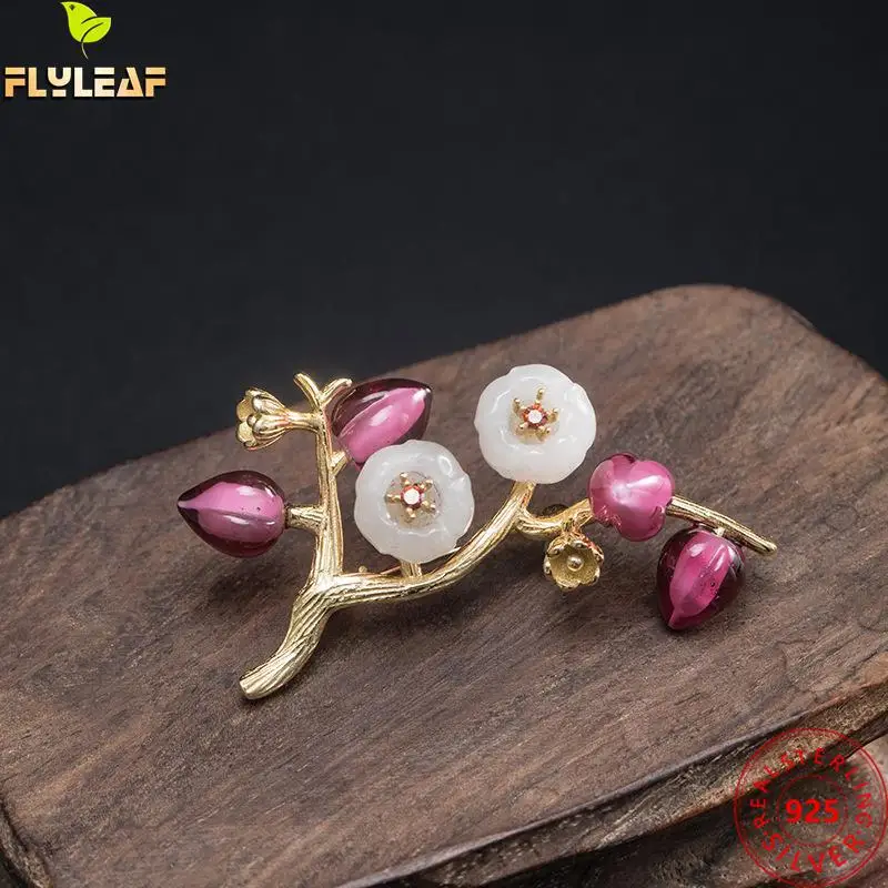 

925 Sterling Silver Jade Purple Flowers Brooch For Women Luxury Handmade 18k Gold Brooches Fine Jewelry Party Accessories