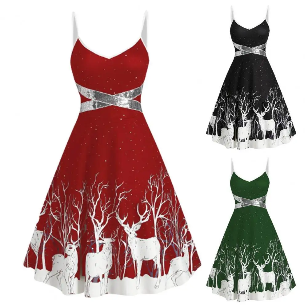 

70% Hot Sell Dress Adjustable Comfortable to Wear Elk Print Spaghetti Straps Sleeveless Dress for Christmas