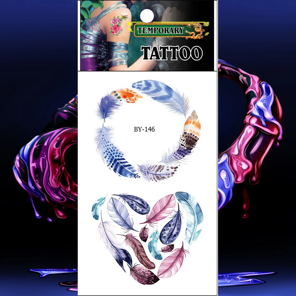 Водостойкая наклейка для тату акварельные цветные перья временные татуировки