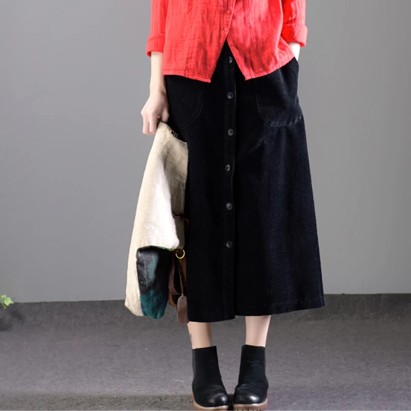 Lucyever Women Corduroy Long Skirt Autumn Winter Vintage Loose A-line Female High Waist Plus Size Thick Warm Ladies Faldas