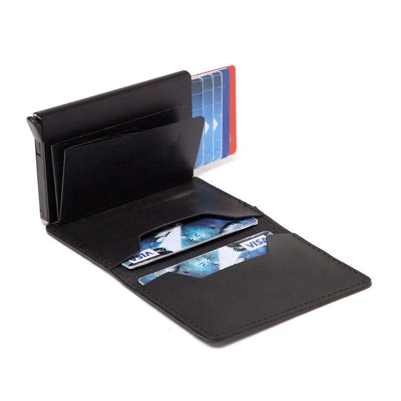 

Men Crazy Horse Leather Automatic Credit card holder Wallet Aluminum Mini Wallet With Back Pocket ID Card RFID Blocking purse