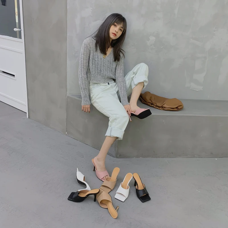 

Open Toe Women Sandals Slippers Slip On Thin High Heels Party Pumps White/Beige/Pink/Black Fashion Women Slides Pumps Size 35-39