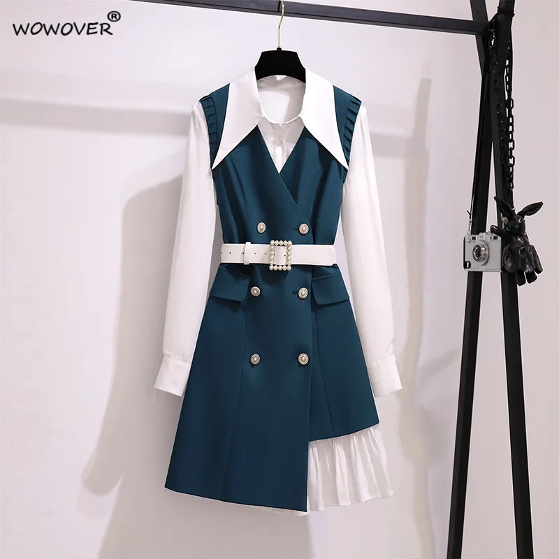 

Elegant Office Lady Vestidos Autumn Fashion Women's Long Sleeve White Irregular Shirt Dress Suit 2Piece Set Roupas Femininas