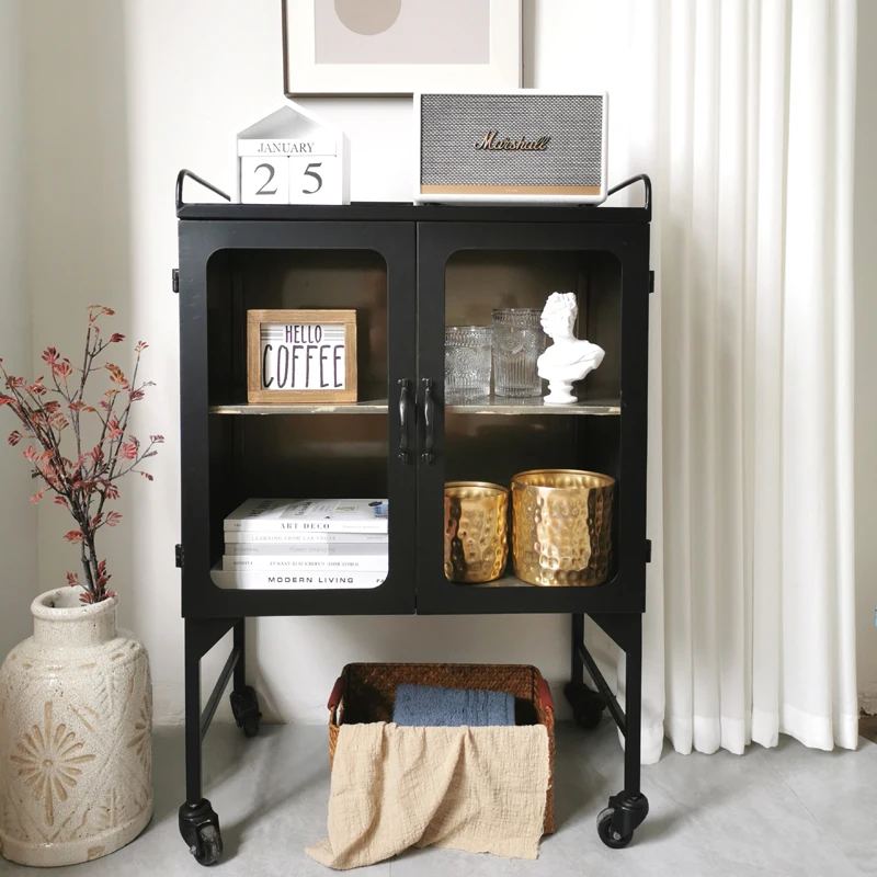 

GY Modern Industrial Wind Black Iron Iron Meal Side Cabinet Storage Low Cabinet Sofa Side Cabinet Glass Display Wine Cabinet