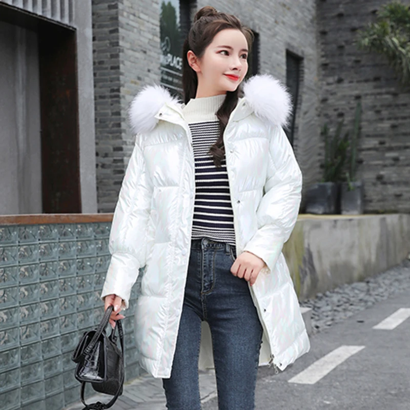 Женские Длинные пуховые пальто с меховым воротником и капюшоном зимние толстые