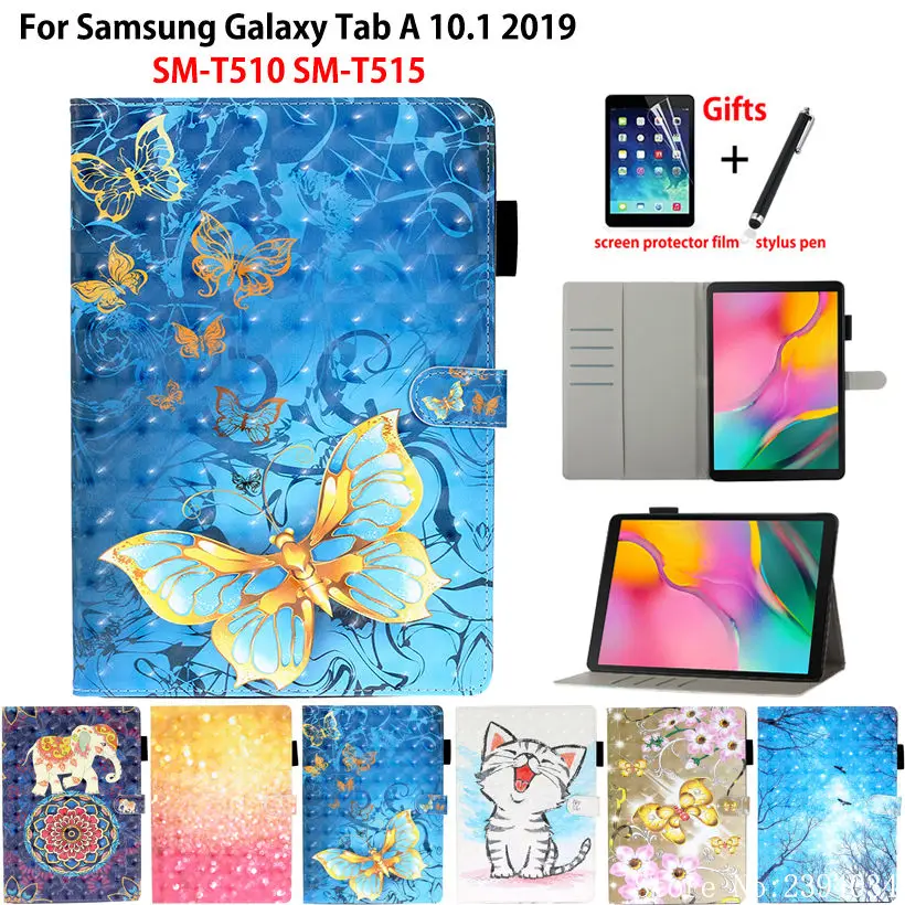 

Чехол для Samsung Galaxy Tab A 10,1 2019 дюйма, T510, T515, искусственная кожа, чехол, мультяшный 3D Рисунок, флип-чехол с подставкой, чехол + подарок