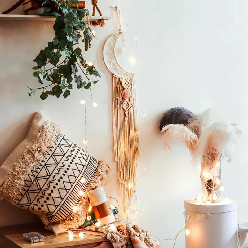 

2Pcs Bohemian Chic Macrame Wall Hanging Tapestry Mandala Moon Dreamcatcher Wall Decor Boho Woven Knitted Tapestry