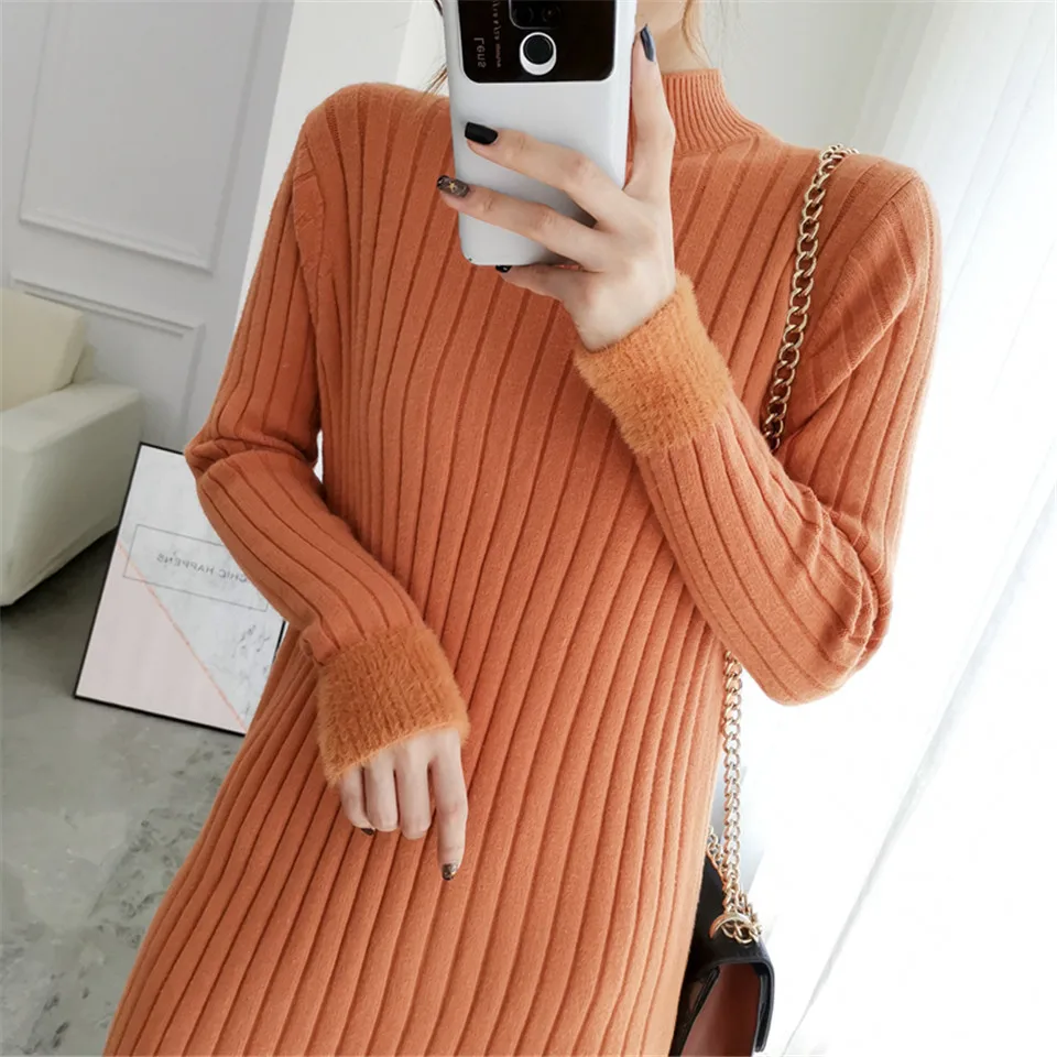 Раздельное однотонное платье с круглым вырезом и длинным рукавом Vestido, милое зимнее трикотажное платье, Осеннее женское элегантное платье, новинка года, модное тонкое мягкое женское платье