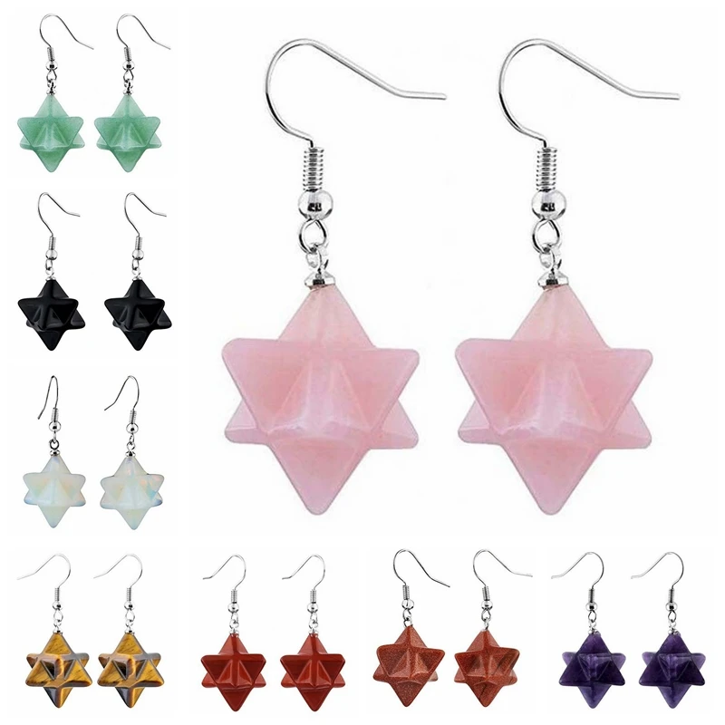 Серьги Merkaba из натурального камня сережки с кристаллом Меркаба звезда висящие