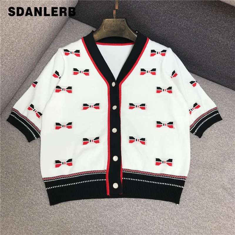 

Женский жаккардовый вязаный кардиган с бантом из вискозы, Новинка лета 2021, облегающая футболка с коротким рукавом, тонкий топ в западном сти...