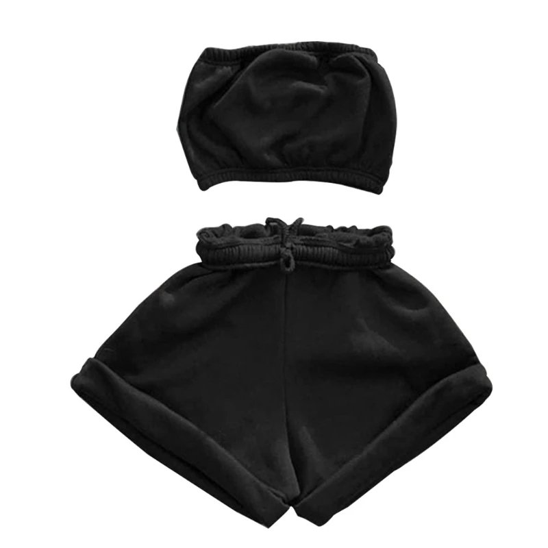 

67JF Women Summer 2 Pieces Romper Outfits Strapless Bandeau Tube Crop Top Drawstring Waist Shorts Matching Set Solid Color