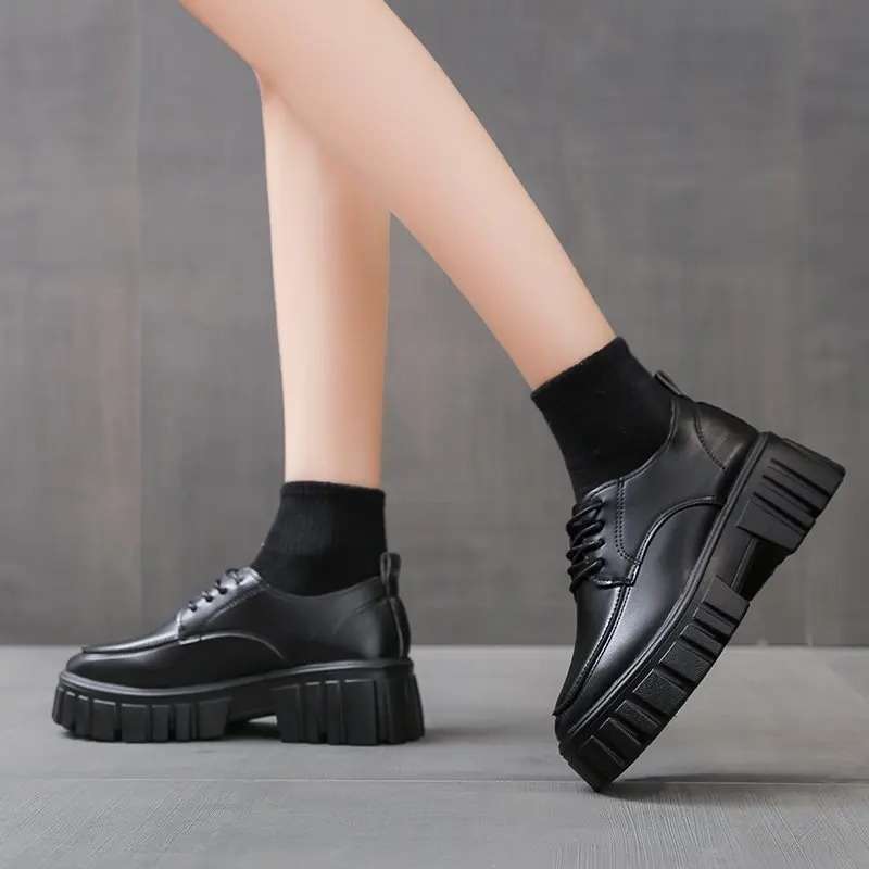 

2021 New Fashion Oxfords Pu Leather Lace Up Women Shoes Female Plus Size Casual Shoes Woman High Heels Platform Ladies Shoes