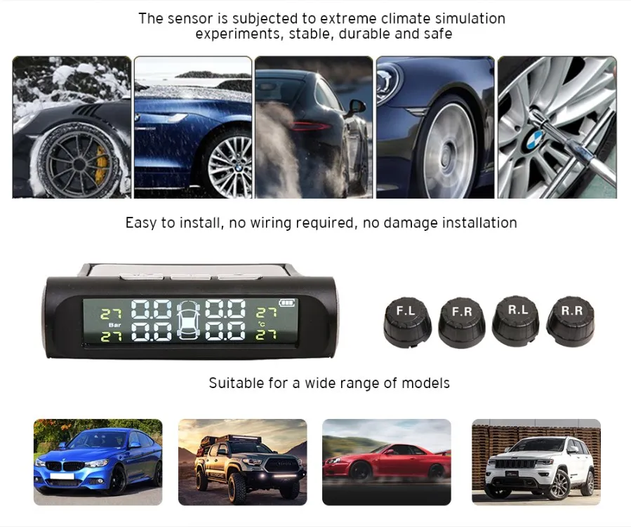 Автомобильная система контроля давления в шинах TPMS с солнечной зарядкой через USB