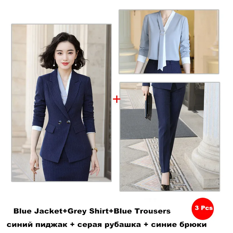 blue 3 pcs trouseres Полосатая юбка костюм профессиональный костюм офисный костюм для дам Униформа куртка с длинными рукавами юбка брюки формальная рабочая одежда 966 - Цвет: blue 3 pcs trouseres