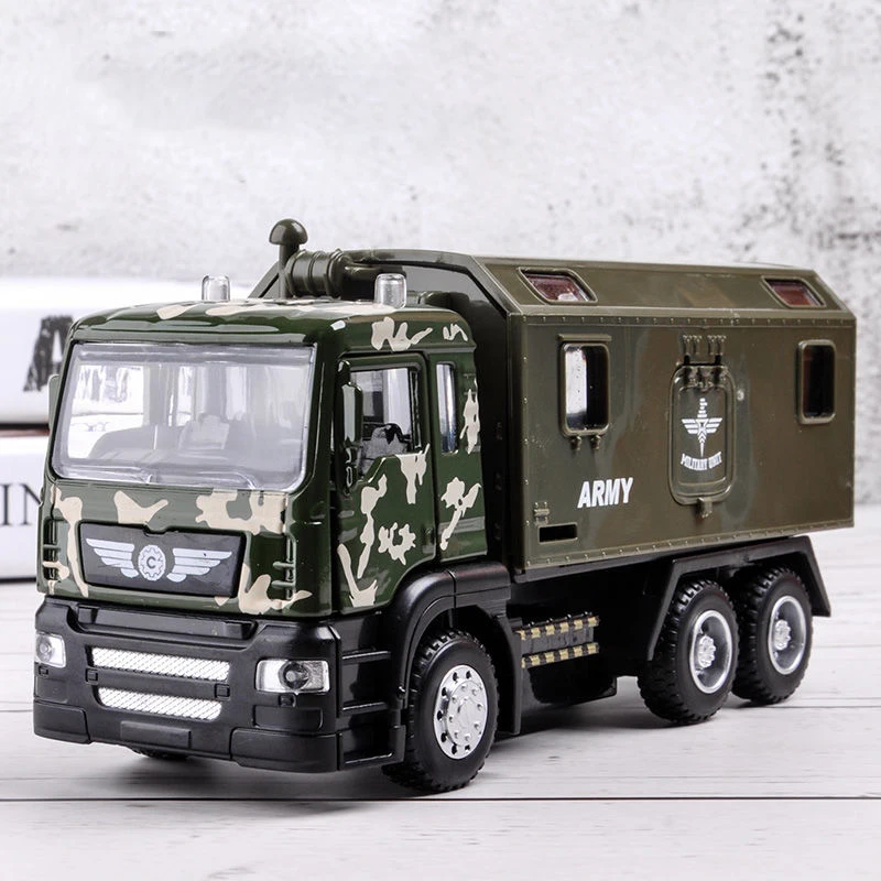 

1:50 Scale Military Police Transport Alloy Car Model With Pull Back Sound And Light Diecast Vehicle Truck Army Toys for Boy Xmas