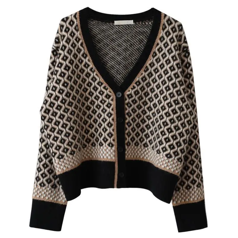 

Women's knitted sweater, checkered, Korean back style, loose coat, autumn and winter 2020