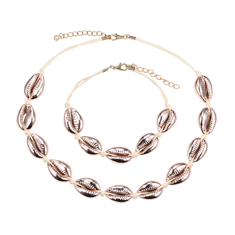 rose gold white Богемные 2 шт./компл. белая веревка натуральный корпус браслет ожерелье Женская мода морской коври браслеты и браслеты ювелирные изделия девушка аксессуары - Окраска металла: rose gold white