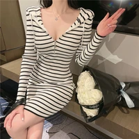 korean black white stripped dress slim v neck sexy wrap hip hooded striped dress mini long sleeve zipper hoodies knitted