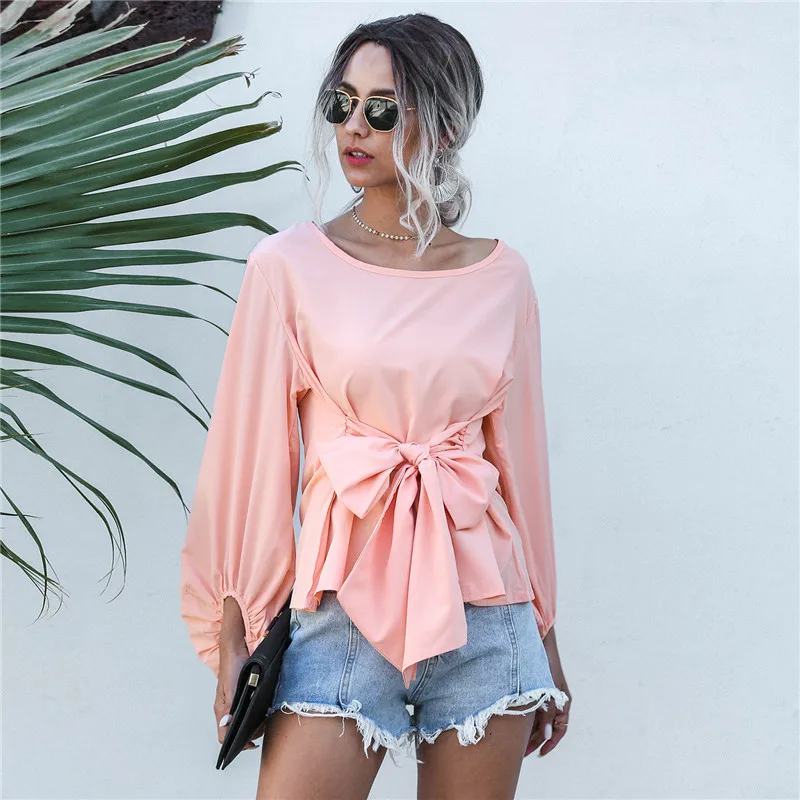 

2021 Spring Summer New Lantern Sleeve Pullover Top Women Casual O Neck Solid Bow Bandage Loose Blouse Ladies Chiffon Tops