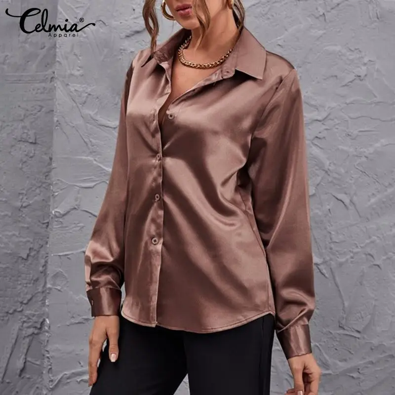 

Elegant Women Satin Shirts Celmia 2021 Fashion Party Long Sleeve OL Lapel Tops Autumn Solid Elegant Blouse Casual Loose Blusas