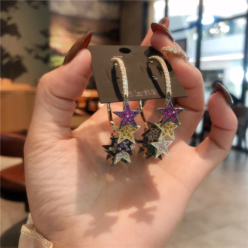 

New Five-pointed Star Fine Earrings Fashion Jewelry Eardrop Zircon Accessories Ear Hook Ornament Anti Allergy Fastness Wholesale