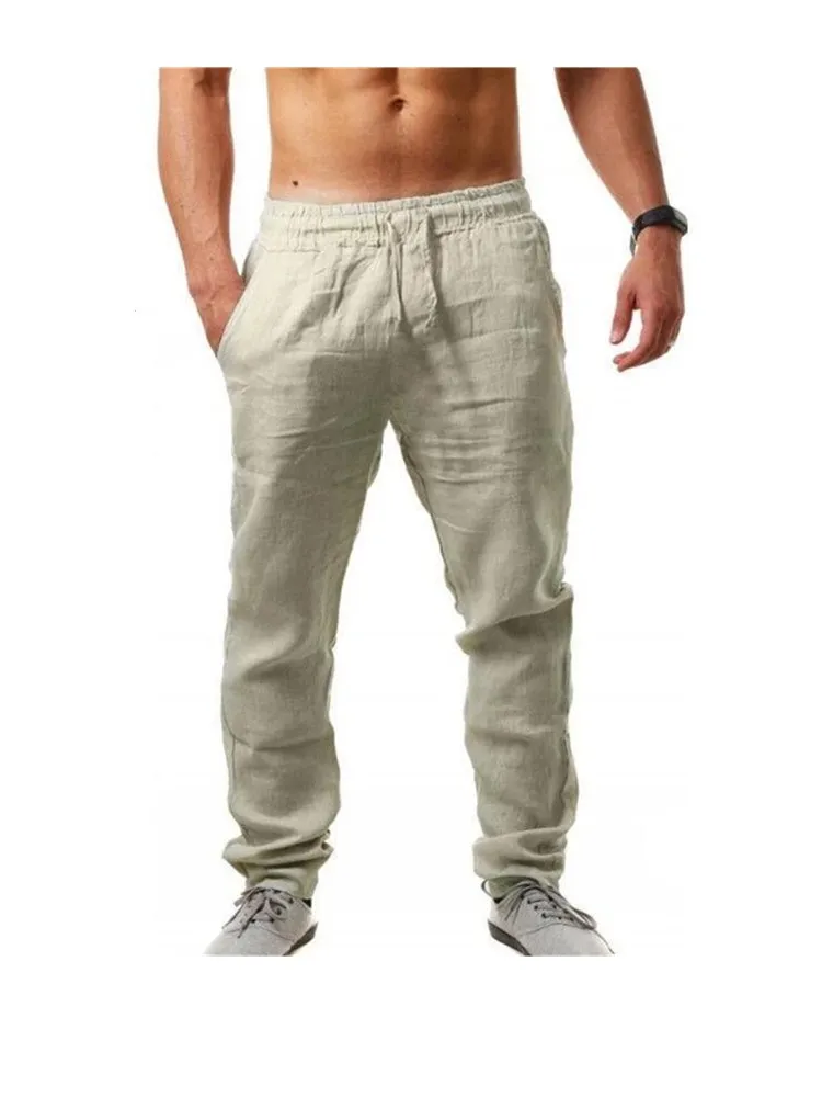 

2021 Men's Cotton Linen Pants Male Summer Casual Solid Color Linen Trousers Elastic waist Fitness Streetwear