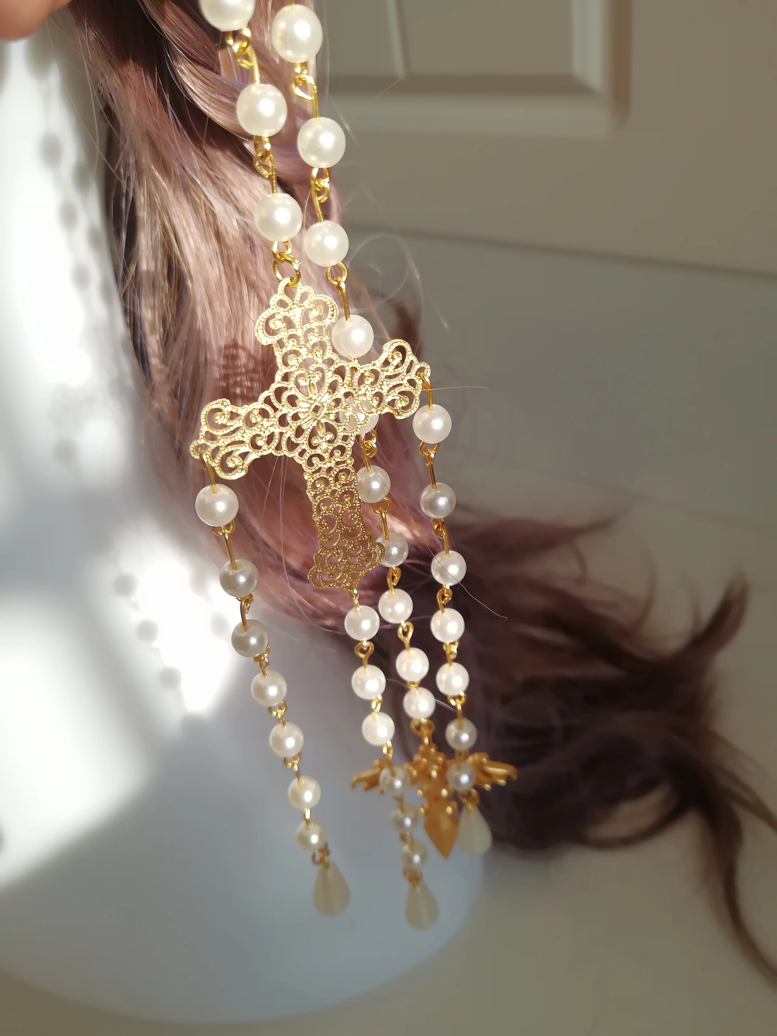 Gorgeous Pearl Chain Flower Wedding Goddess Take Photo Props Baroque Tiara Cosplay Queen Notre Dame Halo Hair Crown Headband |