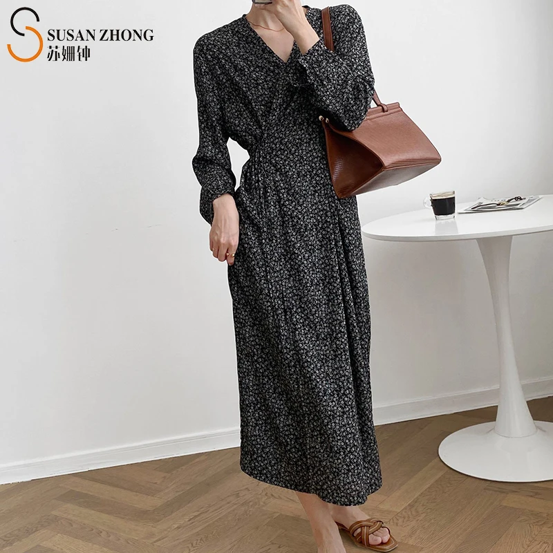 

Women Female Dress One-Piece Feminine X-Line Wrap Flower Print Deep V-Neck Cuff Gathering Back Lace-Up Waist Drop Shoulder