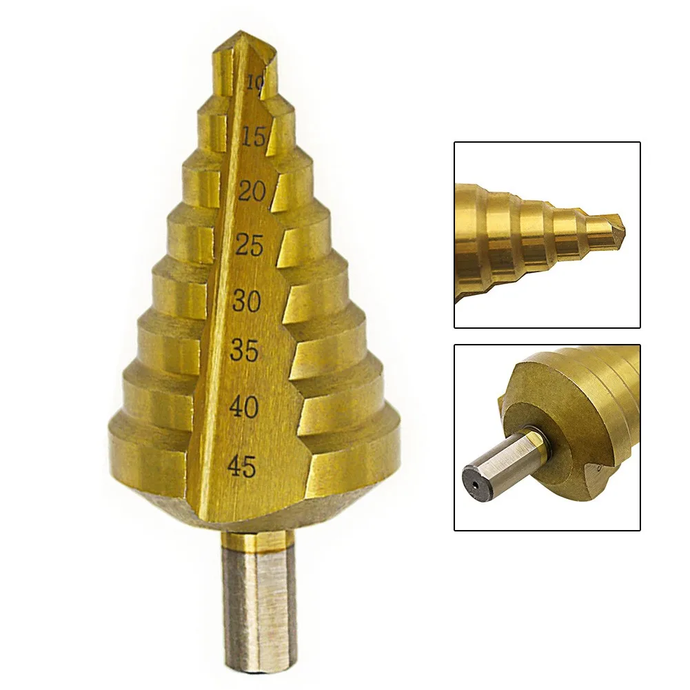 

10-45mm Tri-Flat Shank HSS Titanium Coated Cone Step Drill Bit Hole Cutter Taper Point Drill Bit